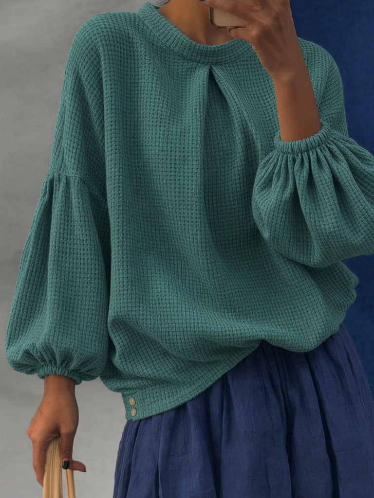 Damen Waffelstrick-Oversize-Bluse mit voluminösen Ballonärmeln Nord Taschen