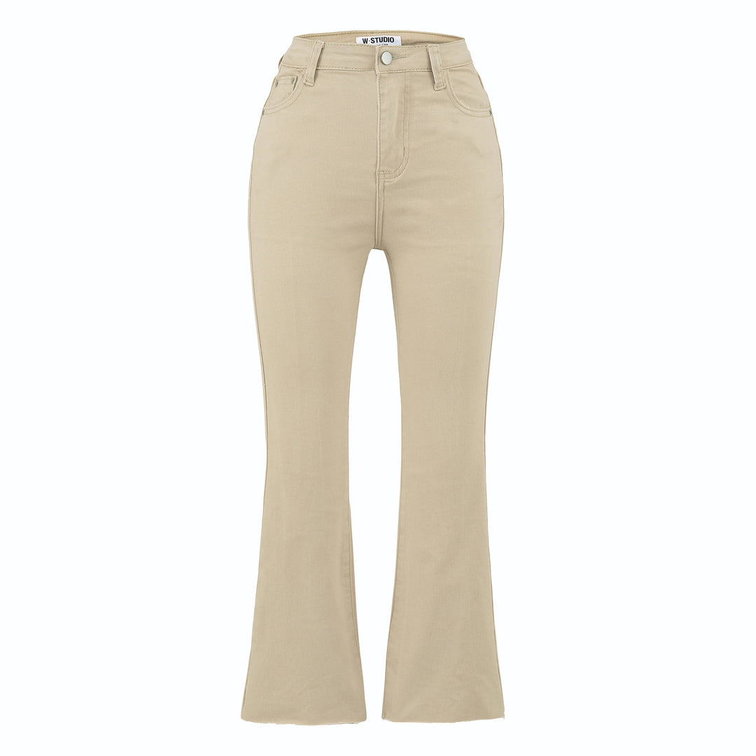 Damen Highwaist-Schlaghose aus Stretch-Denim mit fünf Taschen und rohem Saum Nord Taschen