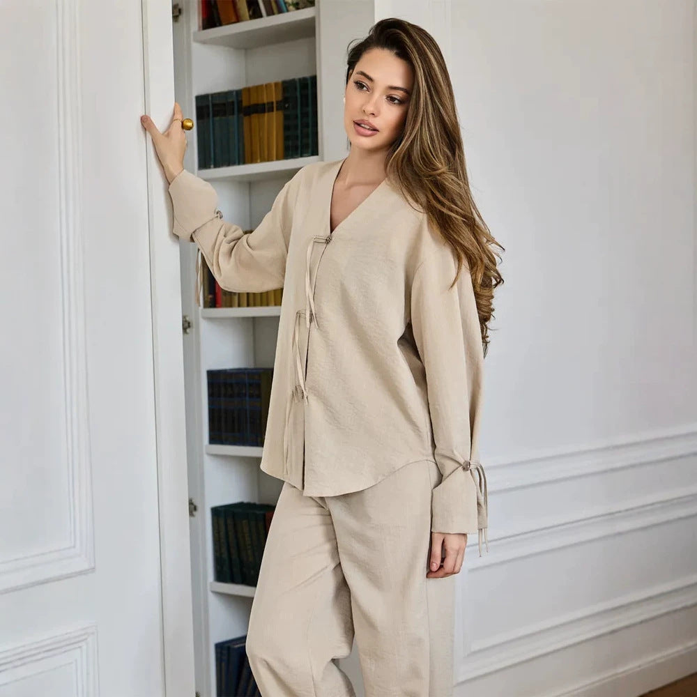 Damen Lässiges Lounge-Set mit V‑Ausschnitt, Knopfleiste und Zugbändern Nord Taschen
