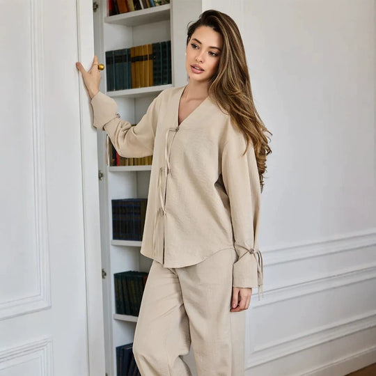 Damen Lässiges Lounge-Set mit V‑Ausschnitt, Knopfleiste und Zugbändern Nord Taschen