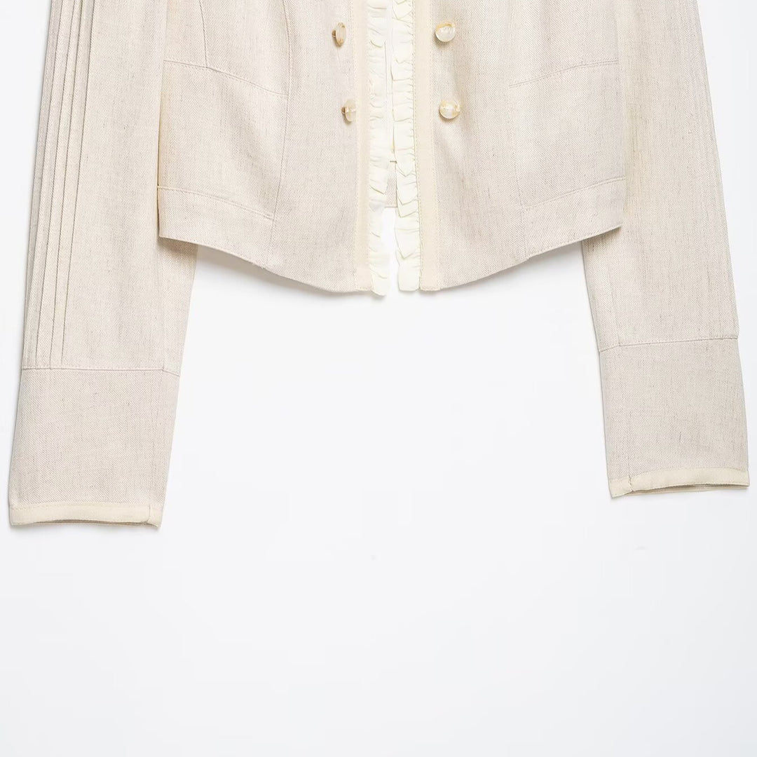 Damen Cropped Jacke mit Stehkragen, Biesenärmeln und Rüschenblende Nord Taschen