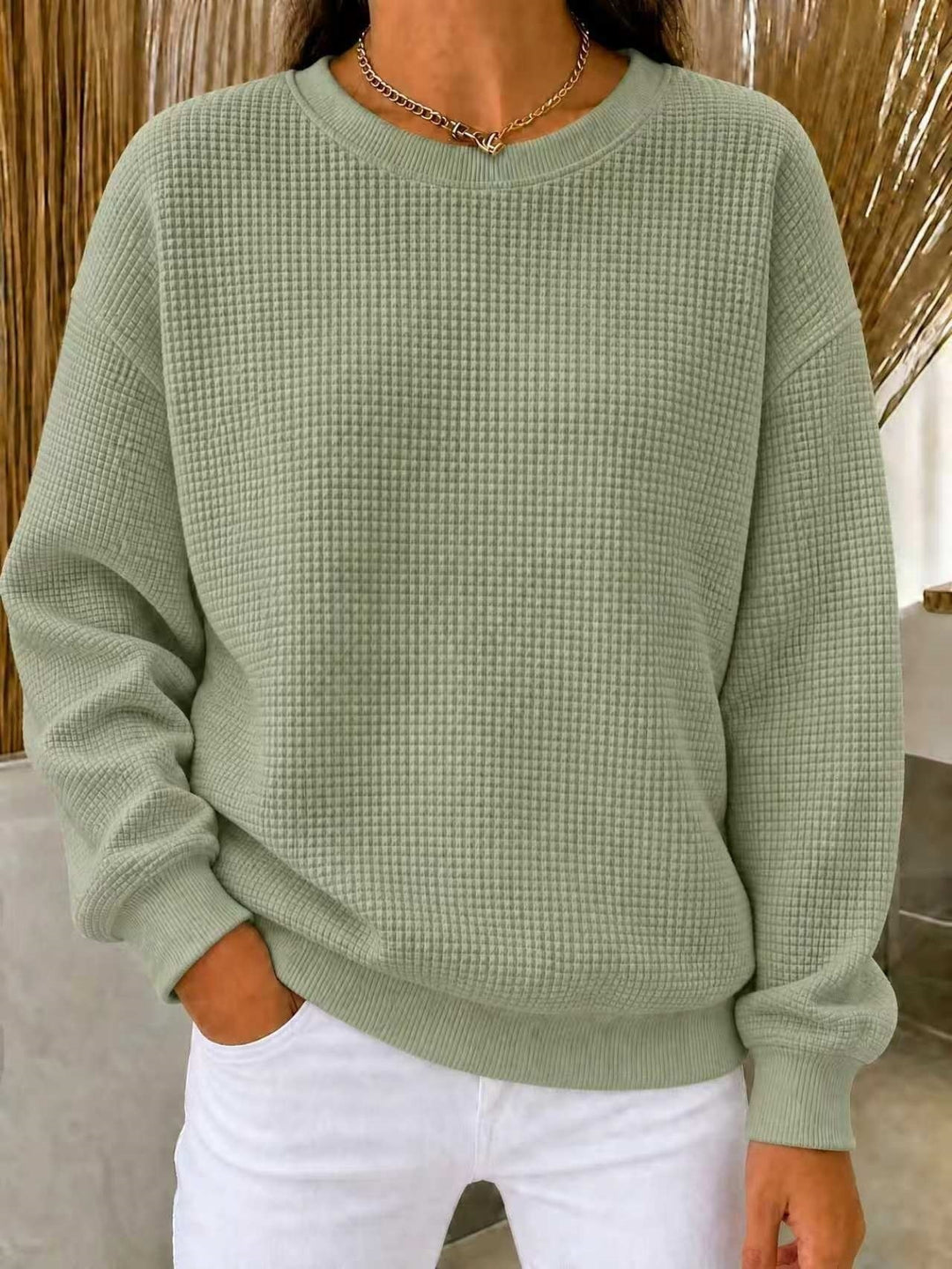 Damen Lockeres Waffelstrick-Sweatshirt mit Rundhalsausschnitt und Rippbündchen Nord Taschen