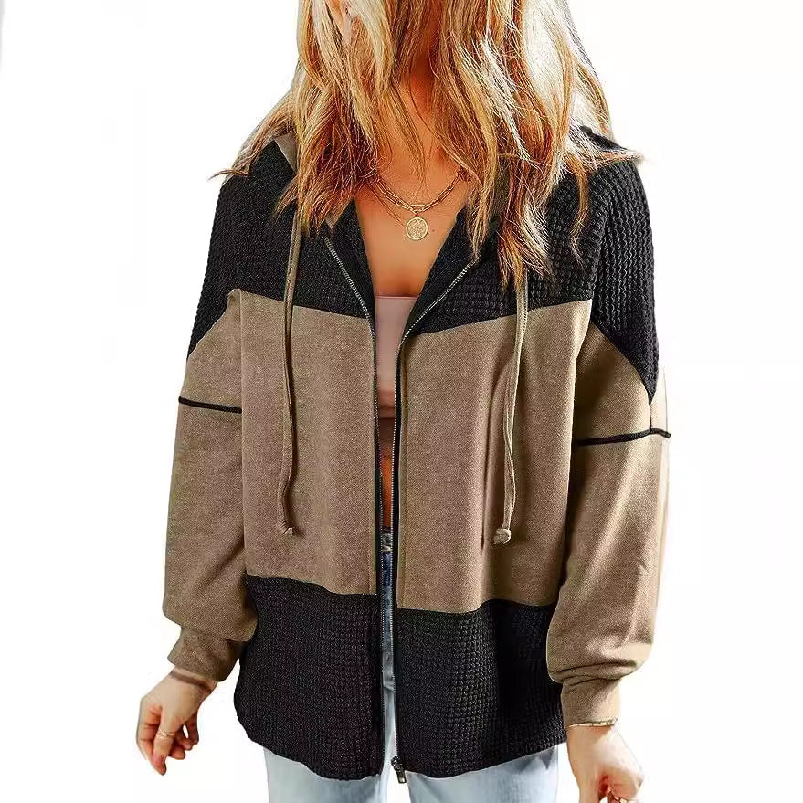 Damen Lässige Oversize-Kapuzenjacke mit Strukturstrick-Einsätzen und Reißverschluss Nord Taschen