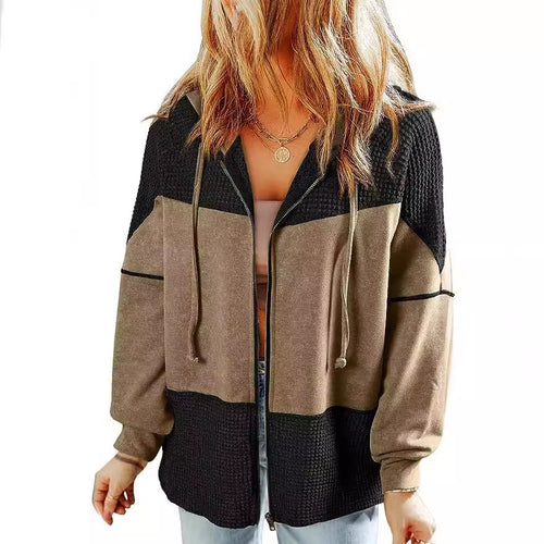 Damen Lässige Oversize-Kapuzenjacke mit Strukturstrick-Einsätzen und Reißverschluss Nord Taschen