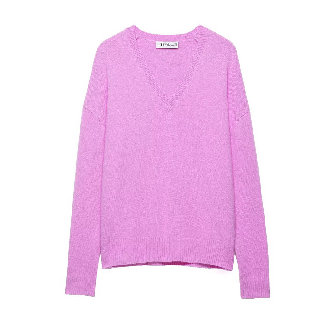 Damen Grobgestrickter V‑Ausschnitt Zopfstrickpullover mit Rippbündchen Nord Taschen