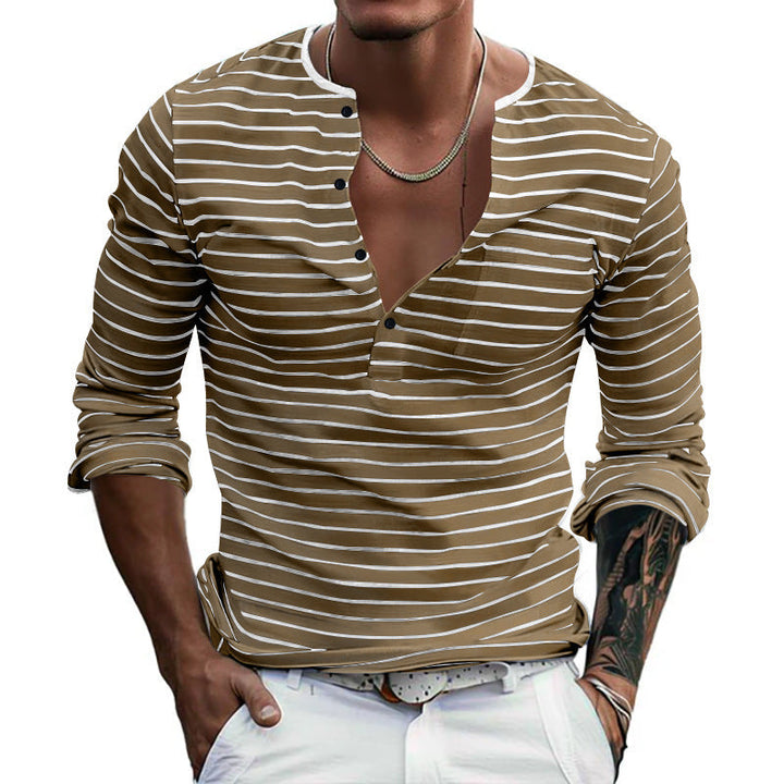 Herren Langarm-Henley-Shirt mit modischen Streifen und praktischen Knöpfen