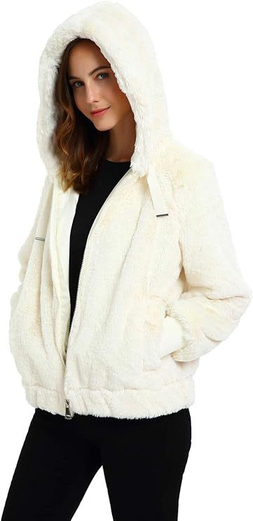 Damen Kapuzen‑Teddyjacke aus weichem Faux‑Fur mit Reißverschluss und Rippbündchen Nord Taschen