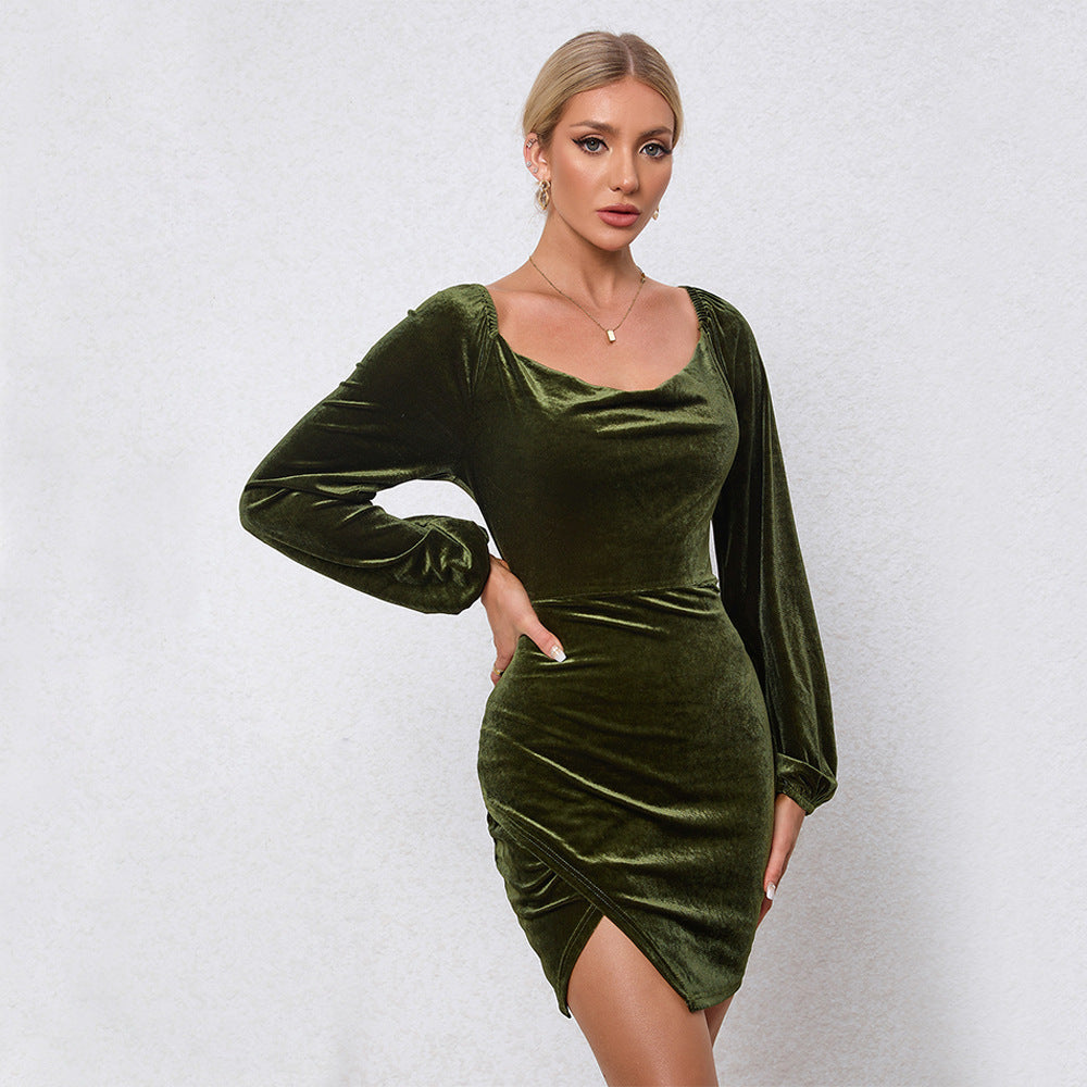 Damen Samtiges Wickel-Minikleid mit Wasserfall-Cowl, Ballonärmeln und asymmetrischer Raffung Nord Taschen