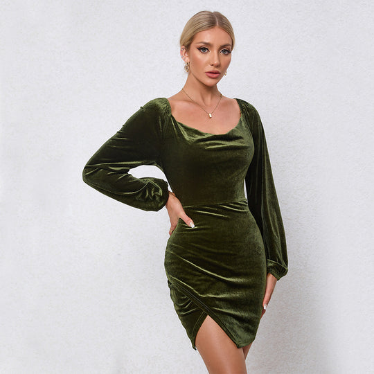 Damen Samtiges Wickel-Minikleid mit Wasserfall-Cowl, Ballonärmeln und asymmetrischer Raffung Nord Taschen
