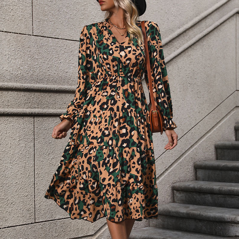 Damen Wickel-Midikleid mit Leopardenmuster, Stufenrock und elastischer Taillenpassform Nord Taschen