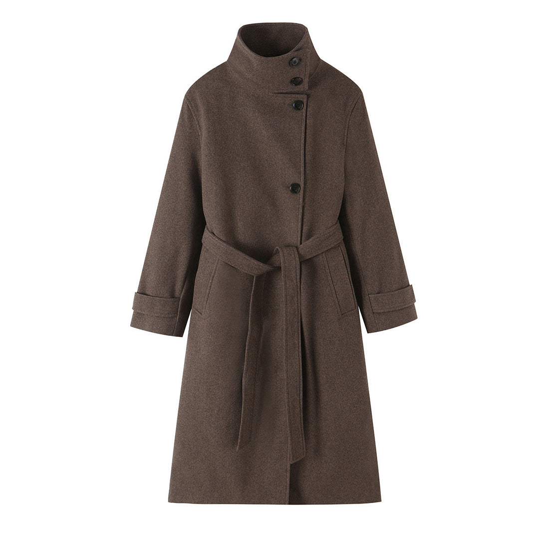 Damen Wollmantel mit Stehkragen, Bindegürtel und asymmetrischer Knopfleiste Nord Taschen