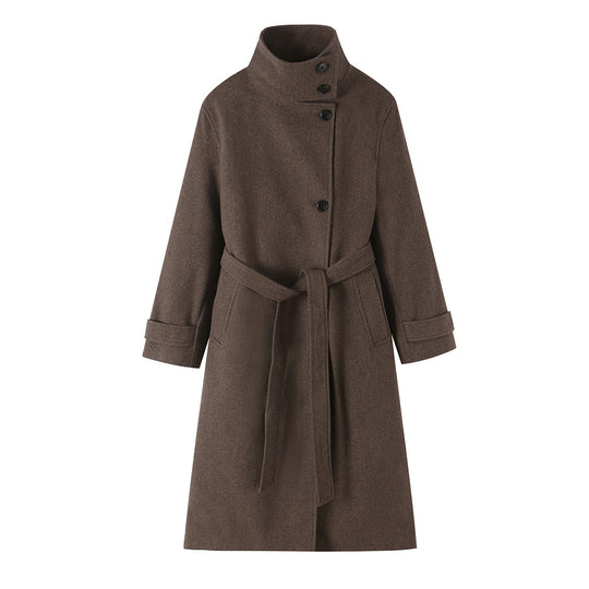 Damen Wollmantel mit Stehkragen, Bindegürtel und asymmetrischer Knopfleiste Nord Taschen