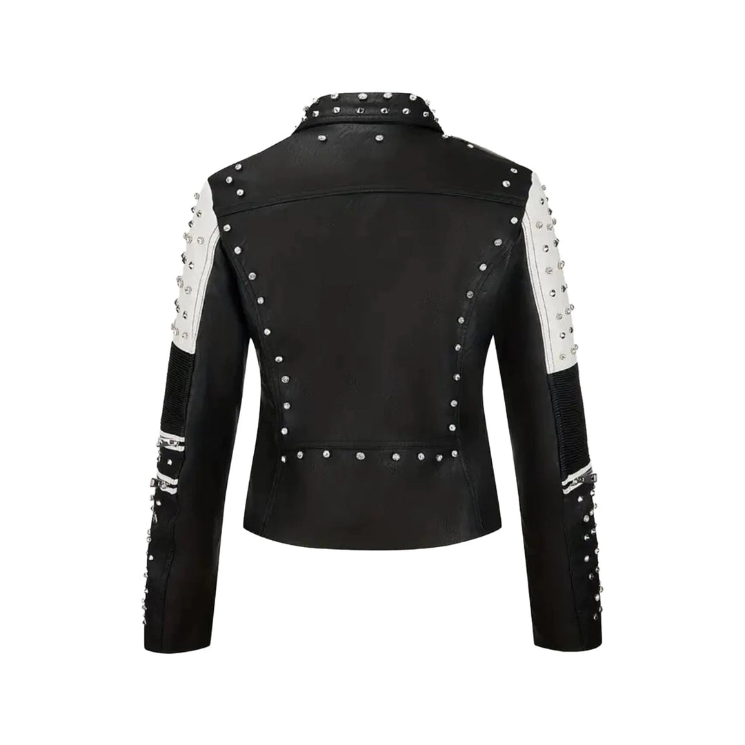 Damen Nietenbesetzte Bikerjacke aus Kunstleder mit Taillengürtel Nord Taschen