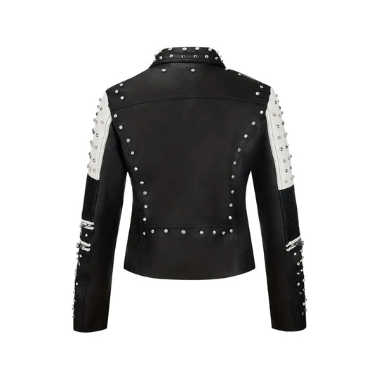 Damen Nietenbesetzte Bikerjacke aus Kunstleder mit Taillengürtel Nord Taschen