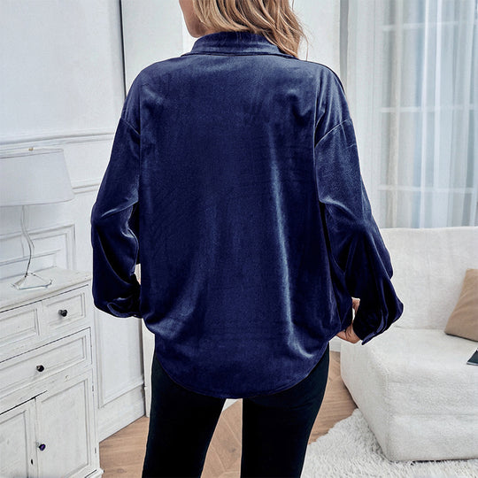 Damen Elegante Samt Bluse mit Knopfdetails Nord Taschen