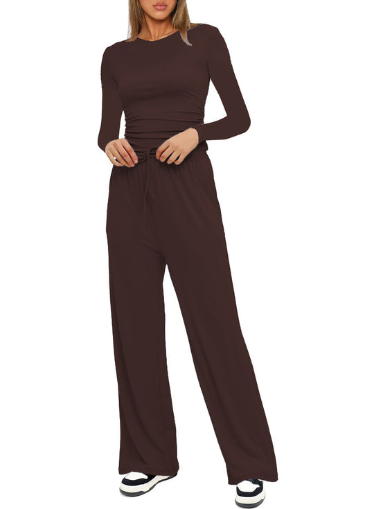 Damen Figurbetontes Longsleeve mit seitlicher Raffung und High-Waist Palazzo-Jogginghose Set Nord Taschen