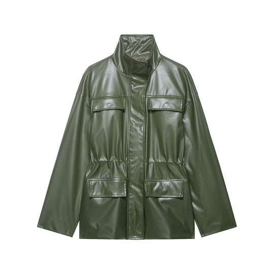 Damen Zweiteiliges PU-Leder-Ensemble mit Fieldjacke, Kordelzugtaillierung und High‑Waist Wide‑Leg Hose Nord Taschen