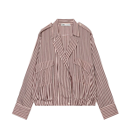 Damen Gestreifte Oversized Hemdjacke mit Tunnelzugsaum und Pattentaschen Nord Taschen