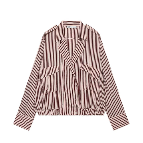Damen Gestreifte Oversized Hemdjacke mit Tunnelzugsaum und Pattentaschen Nord Taschen