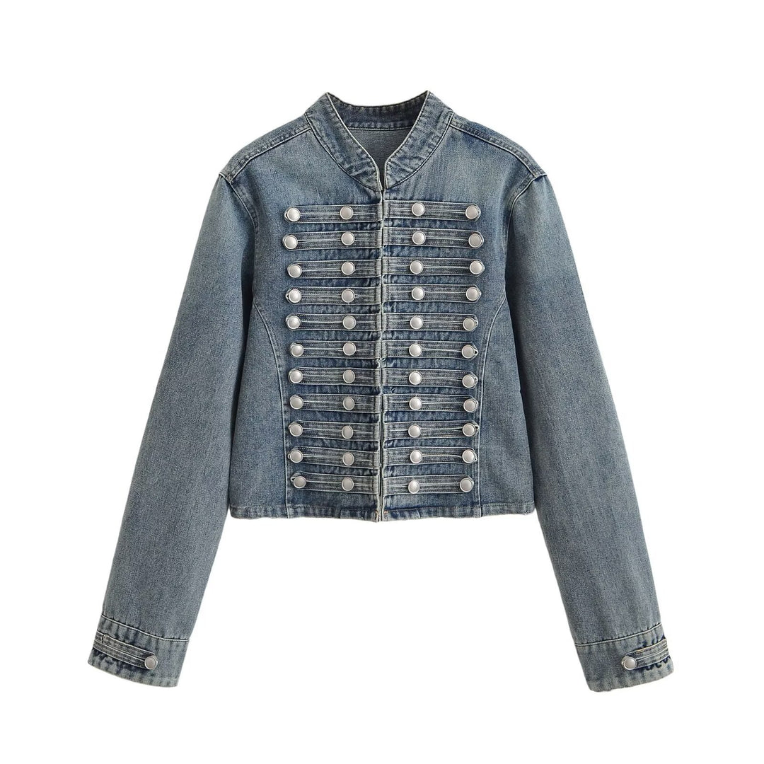 Damen Jeansjacke im Military-Stil mit Stehkragen und dekorativen Zierknopfleisten Nord Taschen