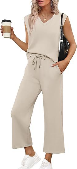 Damen Lässiges Zweiteiliges Lounge-Set mit Ärmellosem V-Neck-Top und Weiten Kordelbund-Hosen Nord Taschen