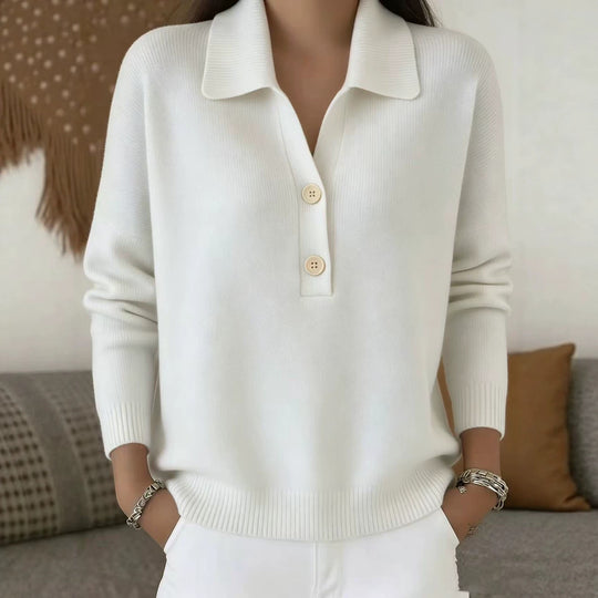 Damen lässiger Feinstrickpullover mit Polokragen und Zwei-Knopf-Leiste Nord Taschen