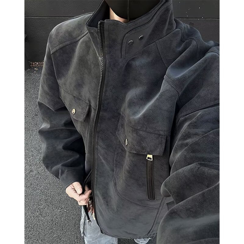 Herren Oversized Wildleder-Optik Utility-Jacke mit hohem Stehkragen Nord Taschen