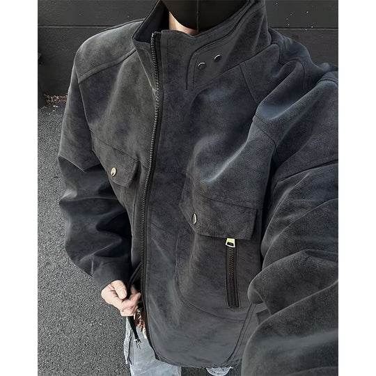 Herren Oversized Wildleder-Optik Utility-Jacke mit hohem Stehkragen Nord Taschen
