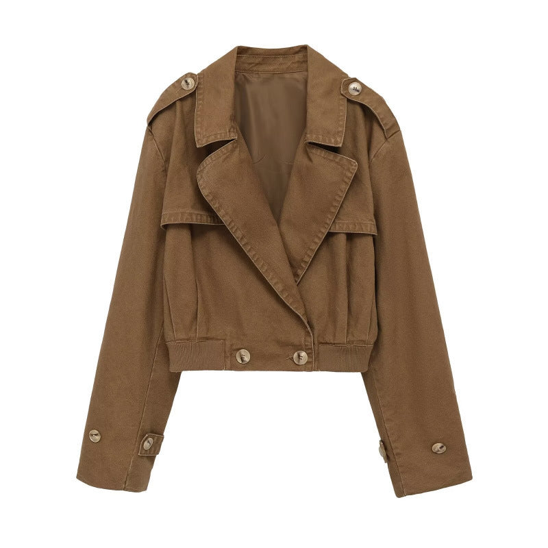 Damen Cropped Trench‑Blousonjacke mit doppelreihiger Knopfleiste, Schulterpatten und elastischem Saum Nord Taschen