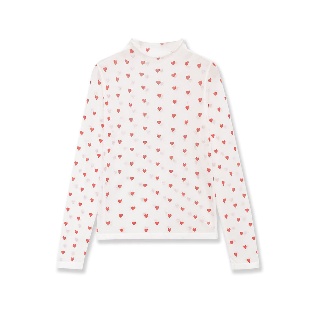 Damen Langarm-Feinstrickshirt mit Stehkragen und Allover-Herzjacquard Nord Taschen