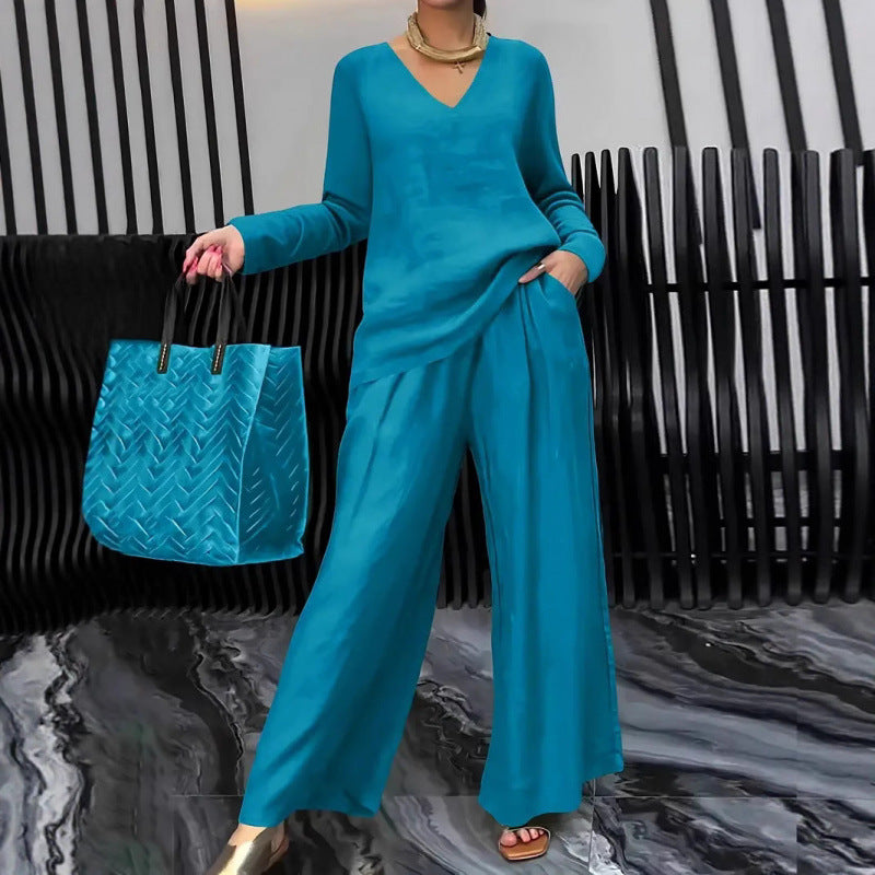 Damen Feiner V-Ausschnitt Strickpullover mit fließender Palazzo-Hose Nord Taschen