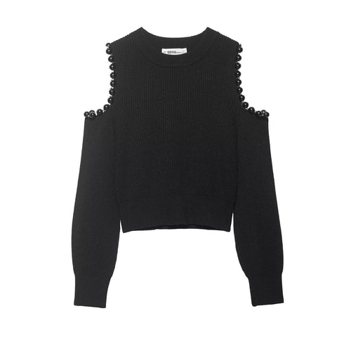 Damen Gestrickter Cropped-Pullover mit Cut-Out-Schultern und Perlenbesatz Nord Taschen