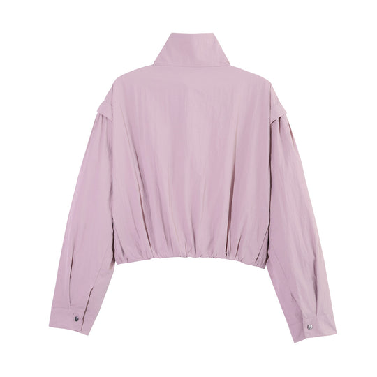 Damen Kurze Cropped-Übergangsjacke mit Stehkragen, geraffter Schulterpasse und Ballonärmeln Nord Taschen