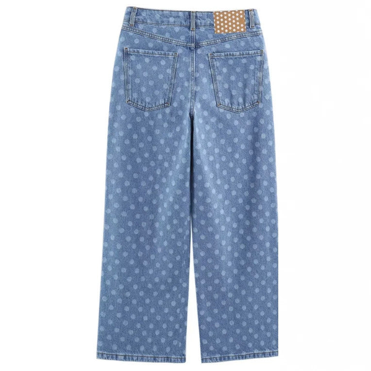 Damen Weite High‑Waist Culotte-Jeans mit verkürztem Bein und tonalem Punktemuster Nord Taschen