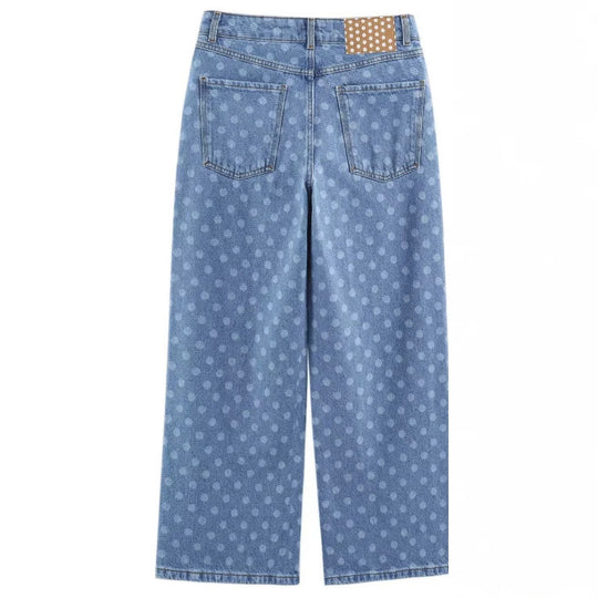 Damen Weite High‑Waist Culotte-Jeans mit verkürztem Bein und tonalem Punktemuster Nord Taschen