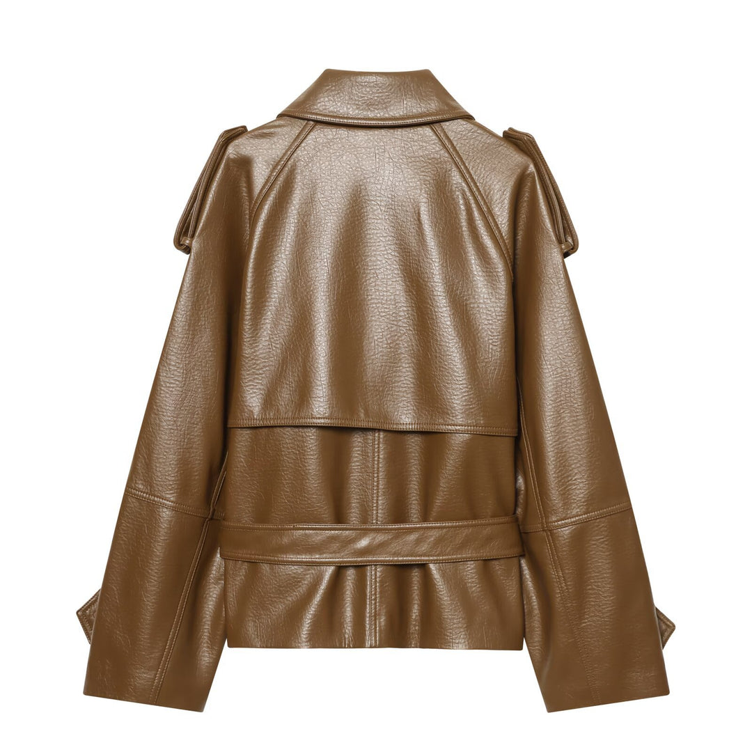 Damen Kurz geschnittener Trenchcoat aus Kunstleder mit taillierendem Bindegürtel Nord Taschen