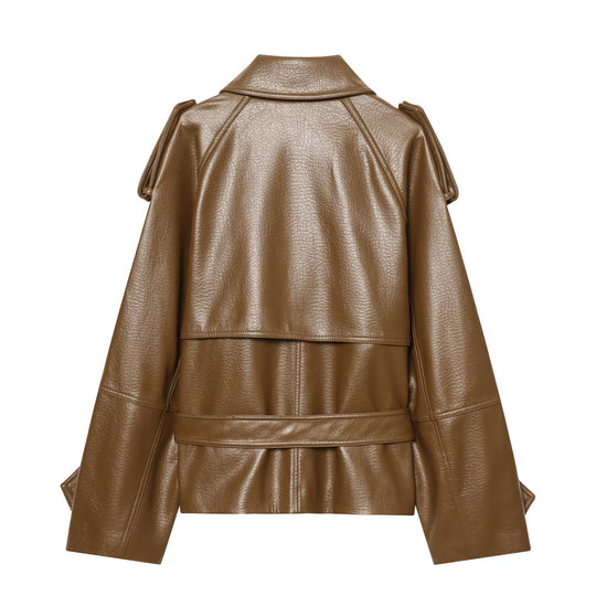 Damen Kurz geschnittener Trenchcoat aus Kunstleder mit taillierendem Bindegürtel Nord Taschen