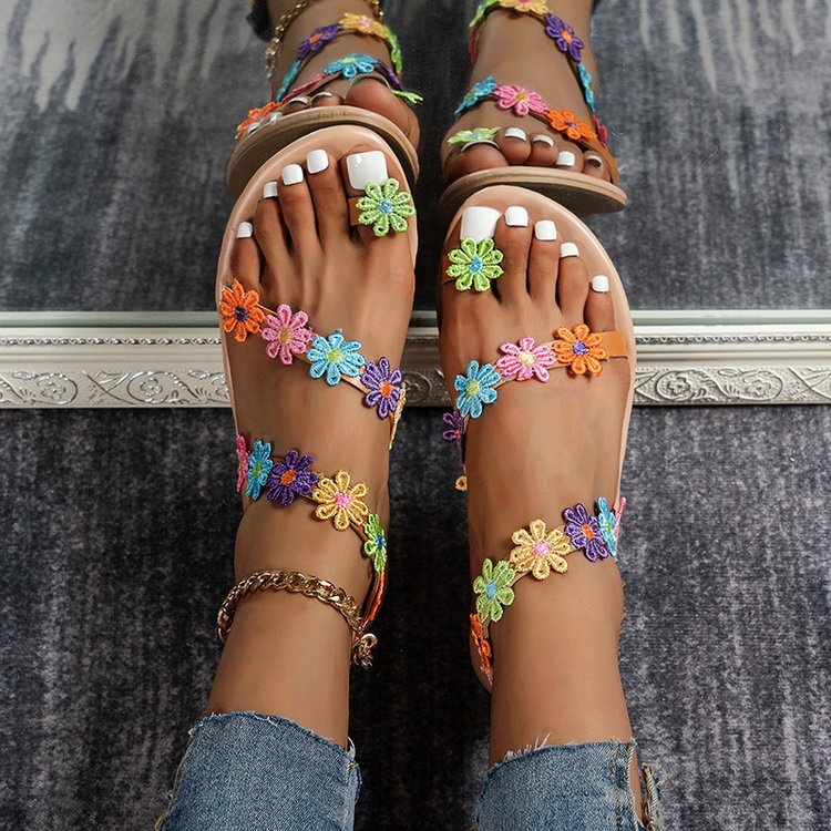 Damen Sommer Sandalen mit buntem Blüten-Design und rutschfester Sohle