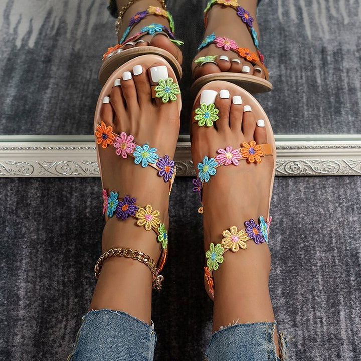Damen Sommer Sandalen mit buntem Blüten-Design und rutschfester Sohle