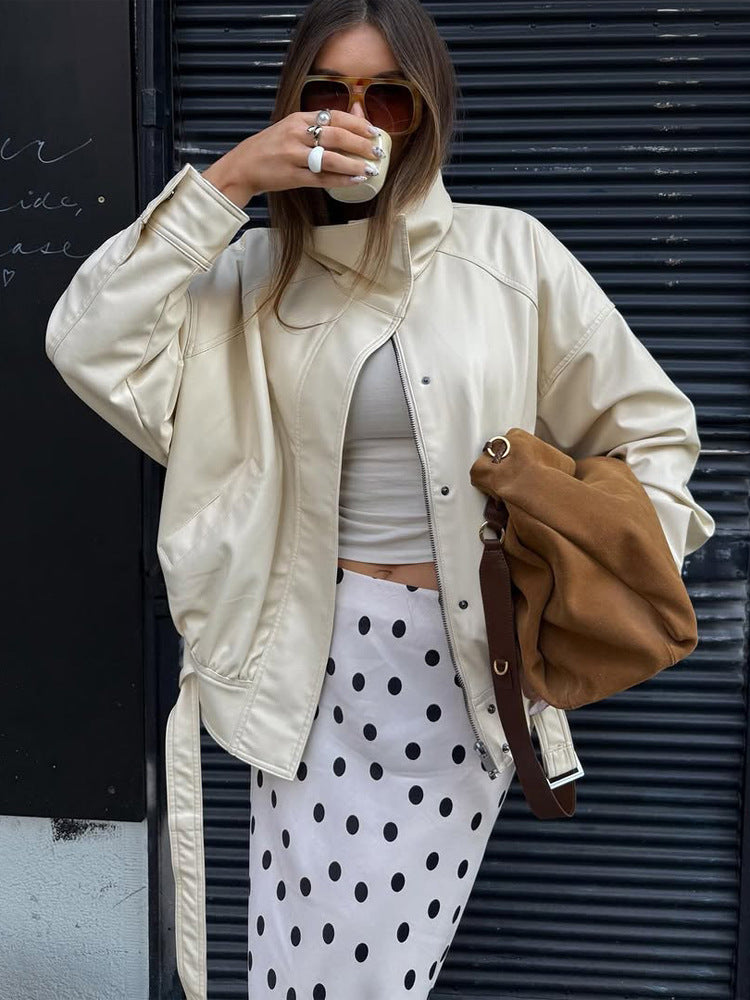 Damen Oversize-Lederimitatjacke mit Stehkragen und Tunnelzug Nord Taschen