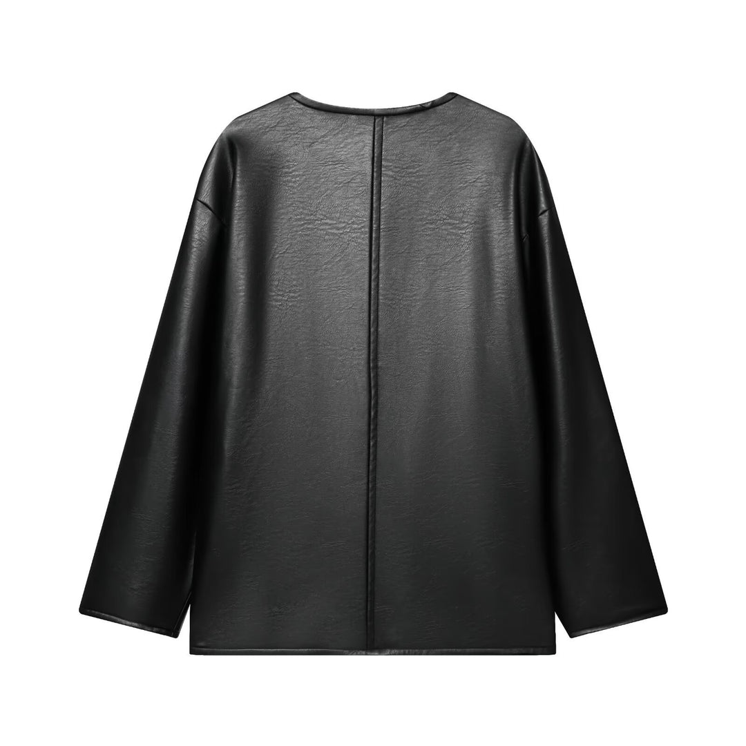 Damen Oversize Kunstlederjacke mit Kordel-Knotenverschluss und aufgesetzten Taschen Nord Taschen