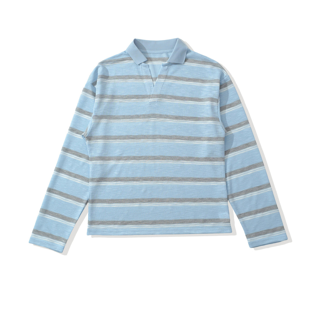 Herren Strick-Poloshirt mit offenem V‑Ausschnitt und feinem Streifenmuster Nord Taschen
