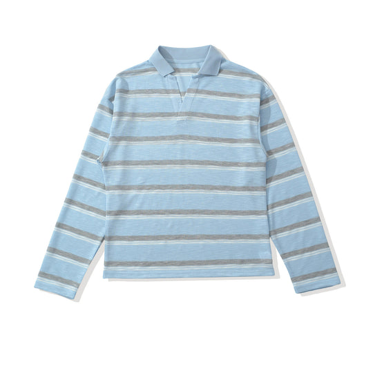 Herren Strick-Poloshirt mit offenem V‑Ausschnitt und feinem Streifenmuster Nord Taschen