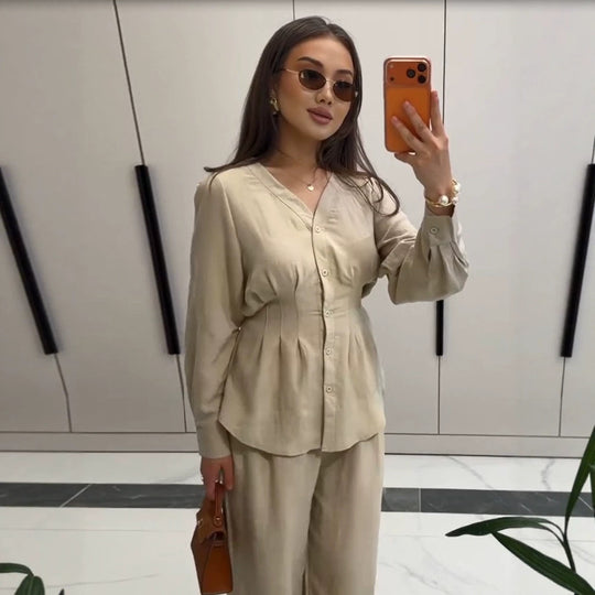Damen V-Ausschnitt Blusen- und Culotte-Set mit Taillenfalten und weiten Beinen Nord Taschen