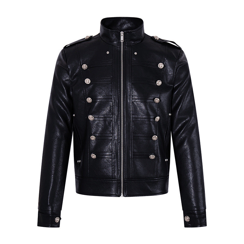 Herren Militärisch inspirierte Kunstlederjacke mit Stehkragen, Zierknopfreihe und Schulterpatten Nord Taschen