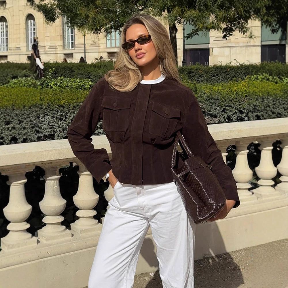 Damen Kurzjacke aus Veloursleder im Hemdjacke‑Stil mit aufgesetzten Brusttaschen Nord Taschen