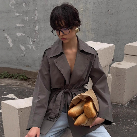 Damen Kurztrenchcoat mit Bindegürtel und Oversize-Ärmeln Nord Taschen