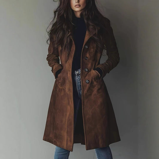 Damen Taillierter langer Mantel mit A-Linien-Silhouette und klassischer Knopfleiste Nord Taschen