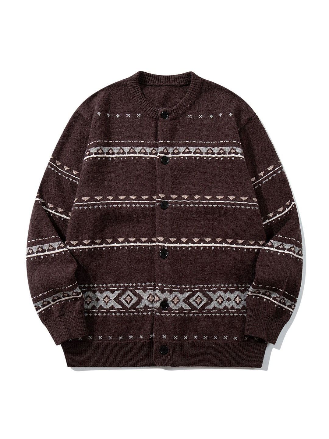 Unisex Strukturierte Jacquard-Strickjacke mit Rundhalsausschnitt, Oversize-Passform und Knopfleiste Nord Taschen