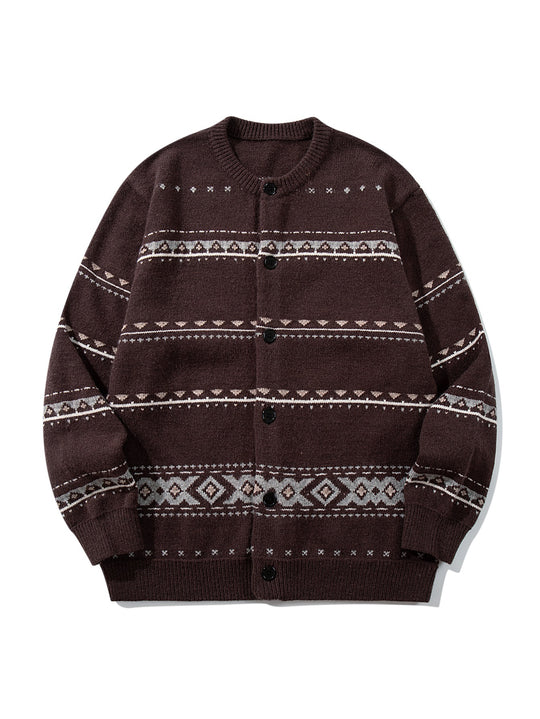 Unisex Strukturierte Jacquard-Strickjacke mit Rundhalsausschnitt, Oversize-Passform und Knopfleiste Nord Taschen